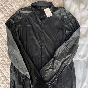 DAMAGED GOOD BY SONGS OF HEREOS Black shirt with leather like sleeves. W/ tags